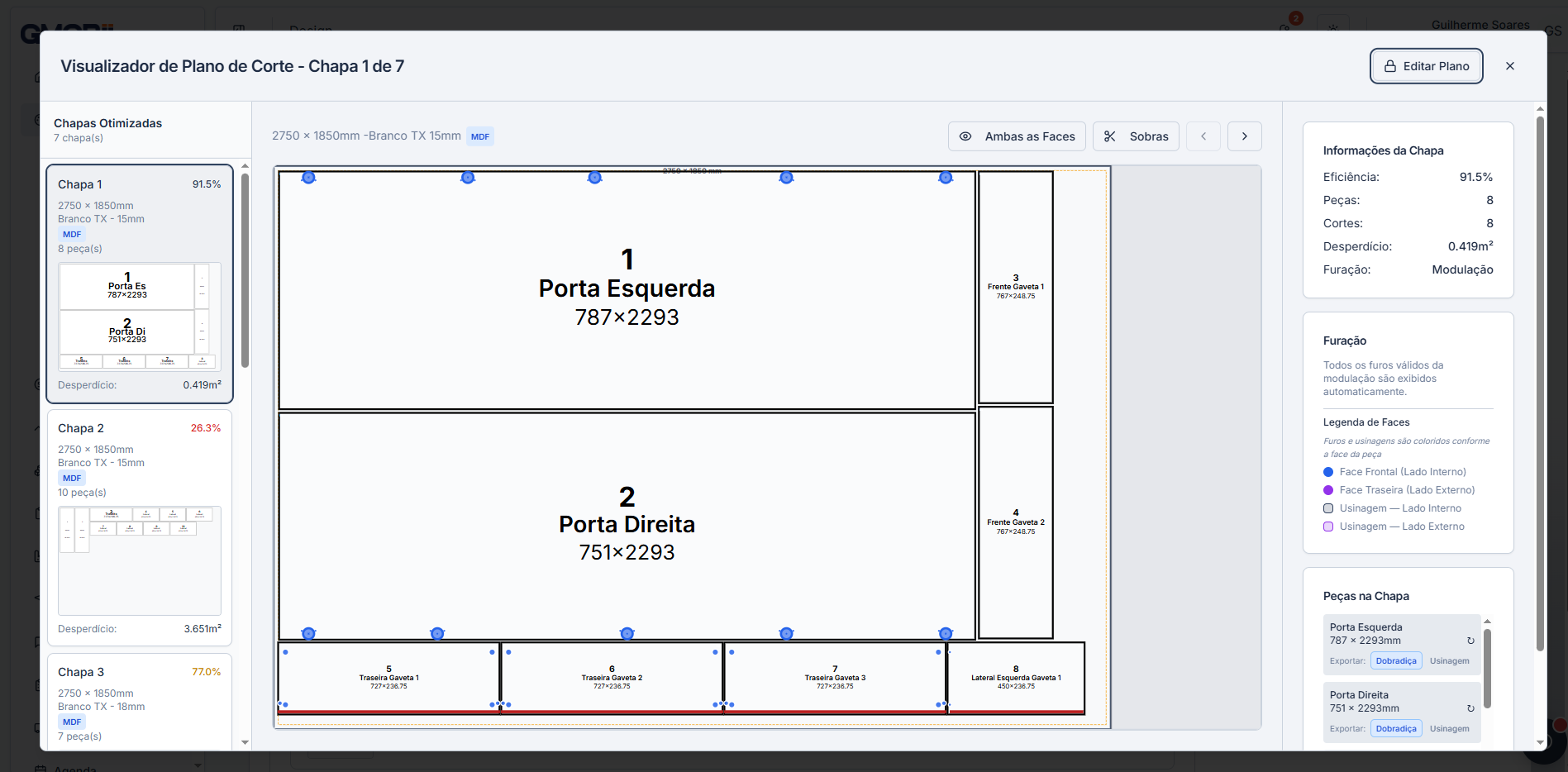 Visualizador completo do plano de corte inteligente do GMOBII